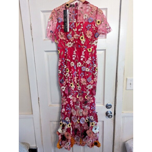 DALIA MACPHEE Lace Embroidered 3D Pink Floral Appliqué Maxi Dress Gown D2020 Med - Picture 3 of 15